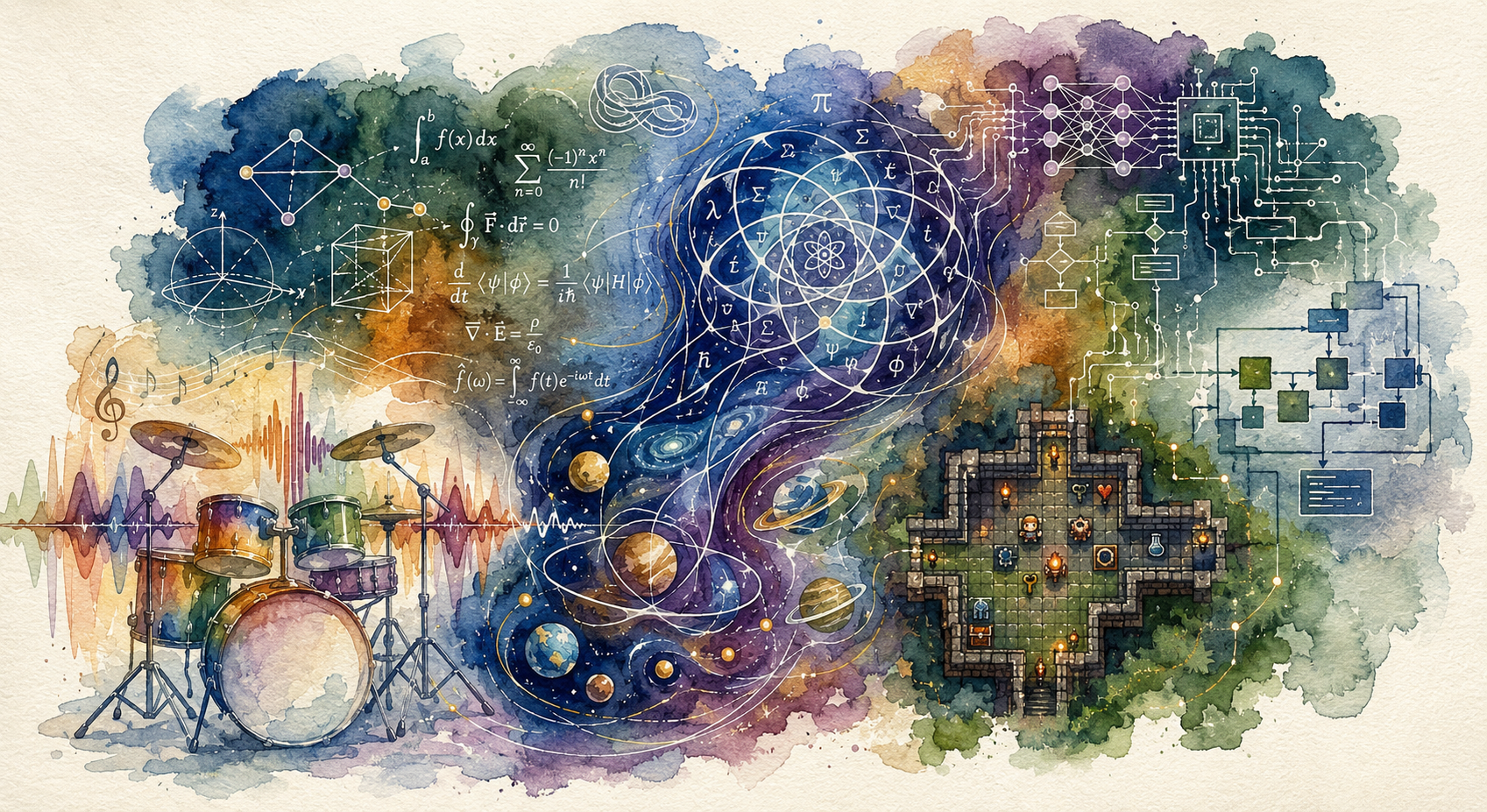 Watercolor illustration of the worlds I explore: software, mathematics, physics, music, and games.